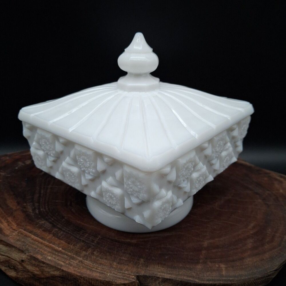 Vintage Westmoreland Old Quilt White Milk Glass Footed Covered Candy Dish 5"